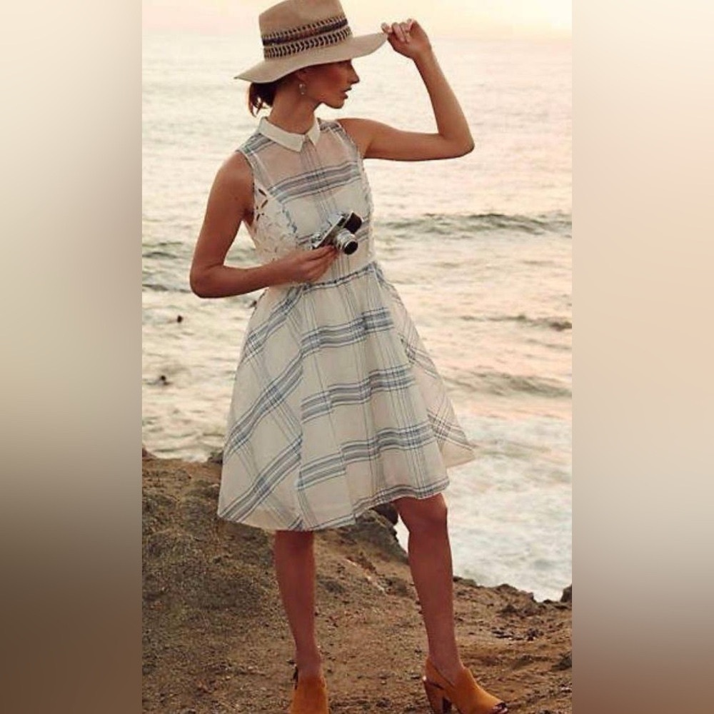 MOULINETTE SOEURS Anthropologie White Blue Seapane Dress 4